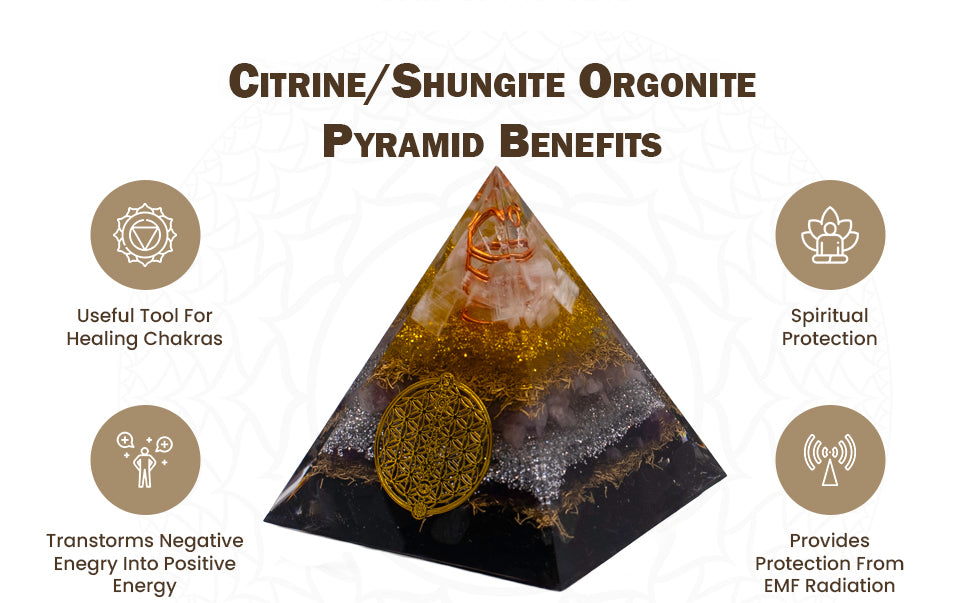 Citrine Orgone Pyramid, EMF Blocker for Healing, Meditation & Chakra Balancing with Rose Quartz, Amethyst, Shungite