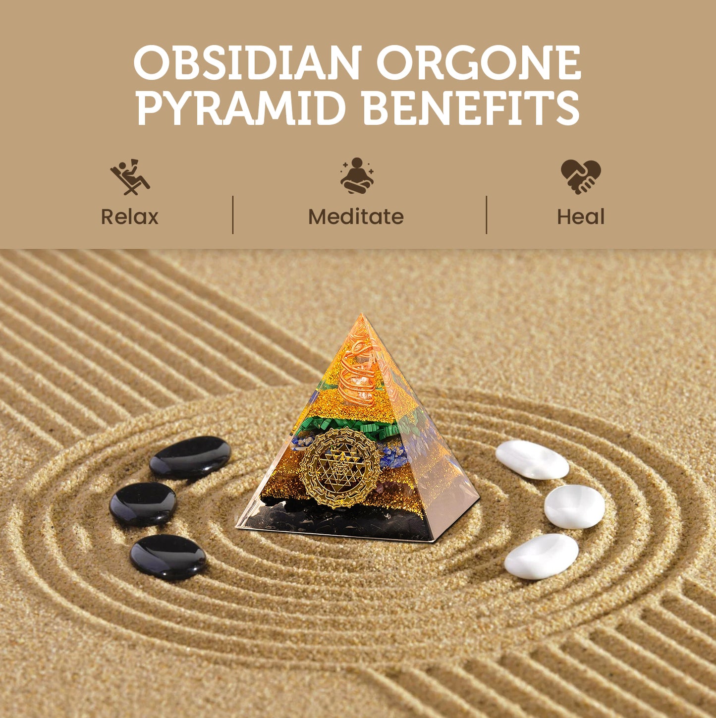 Obsidian Orgone Pyramid Charged for Wealth, Happiness, Good Fortune, Genuine Crystals and Healing Stones, Malachite, Lapis Lazuli, Amethyst
