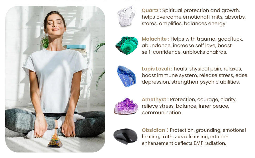 Obsidian Orgone Pyramid Charged for Wealth, Happiness, Good Fortune, Genuine Crystals and Healing Stones, Malachite, Lapis Lazuli, Amethyst