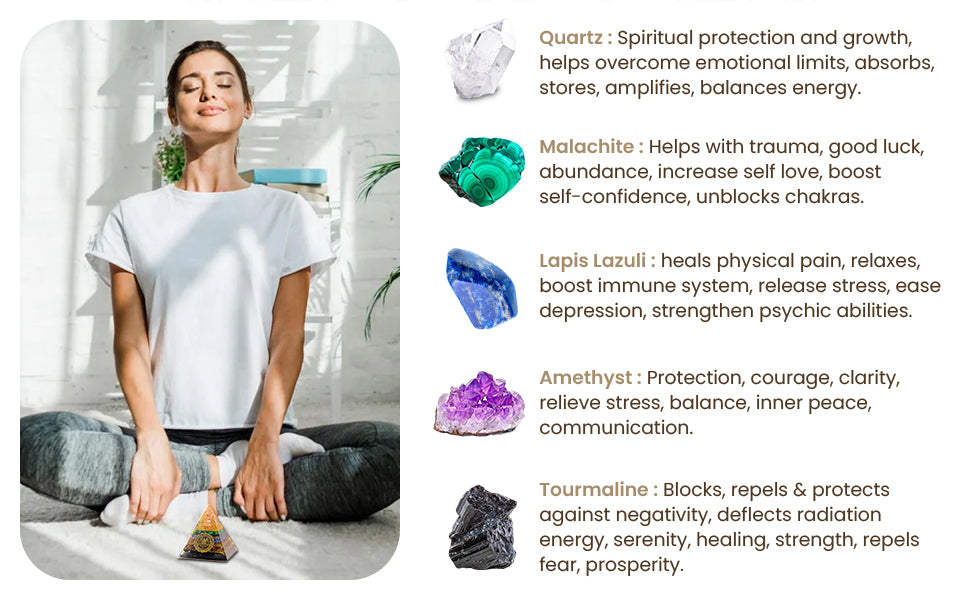 Tourmaline Orgone Pyramid Charged for Wealth, Happiness, Good Fortune, Genuine Crystals and Healing Stones, Malachite, Lapis Lazuli, Amethyst, Clear Quartz