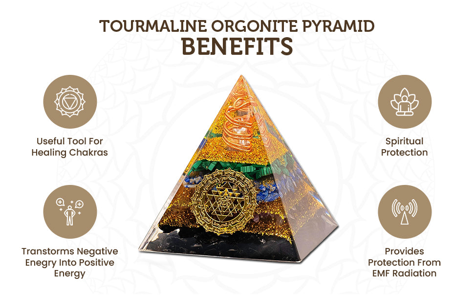Tourmaline Orgone Pyramid Charged for Wealth, Happiness, Good Fortune, Genuine Crystals and Healing Stones, Malachite, Lapis Lazuli, Amethyst, Clear Quartz