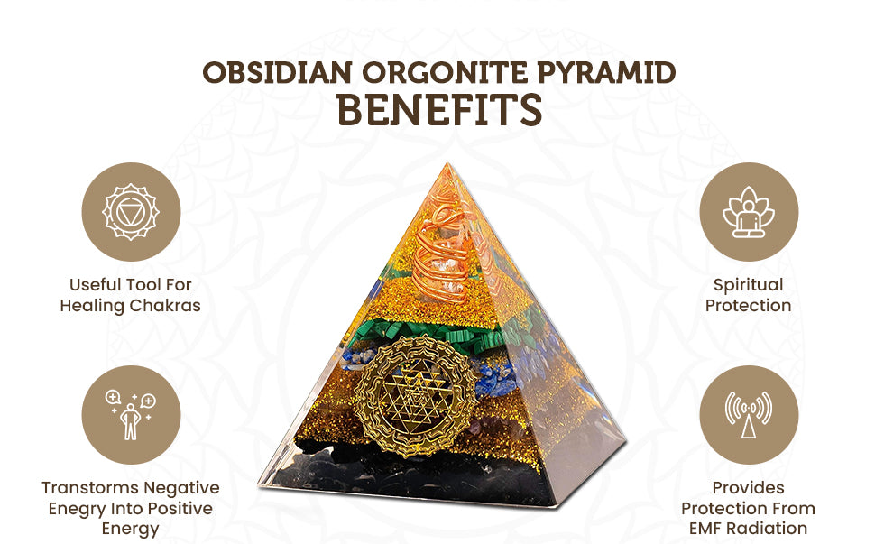 Obsidian Orgone Pyramid Charged for Wealth, Happiness, Good Fortune, Genuine Crystals and Healing Stones, Malachite, Lapis Lazuli, Amethyst