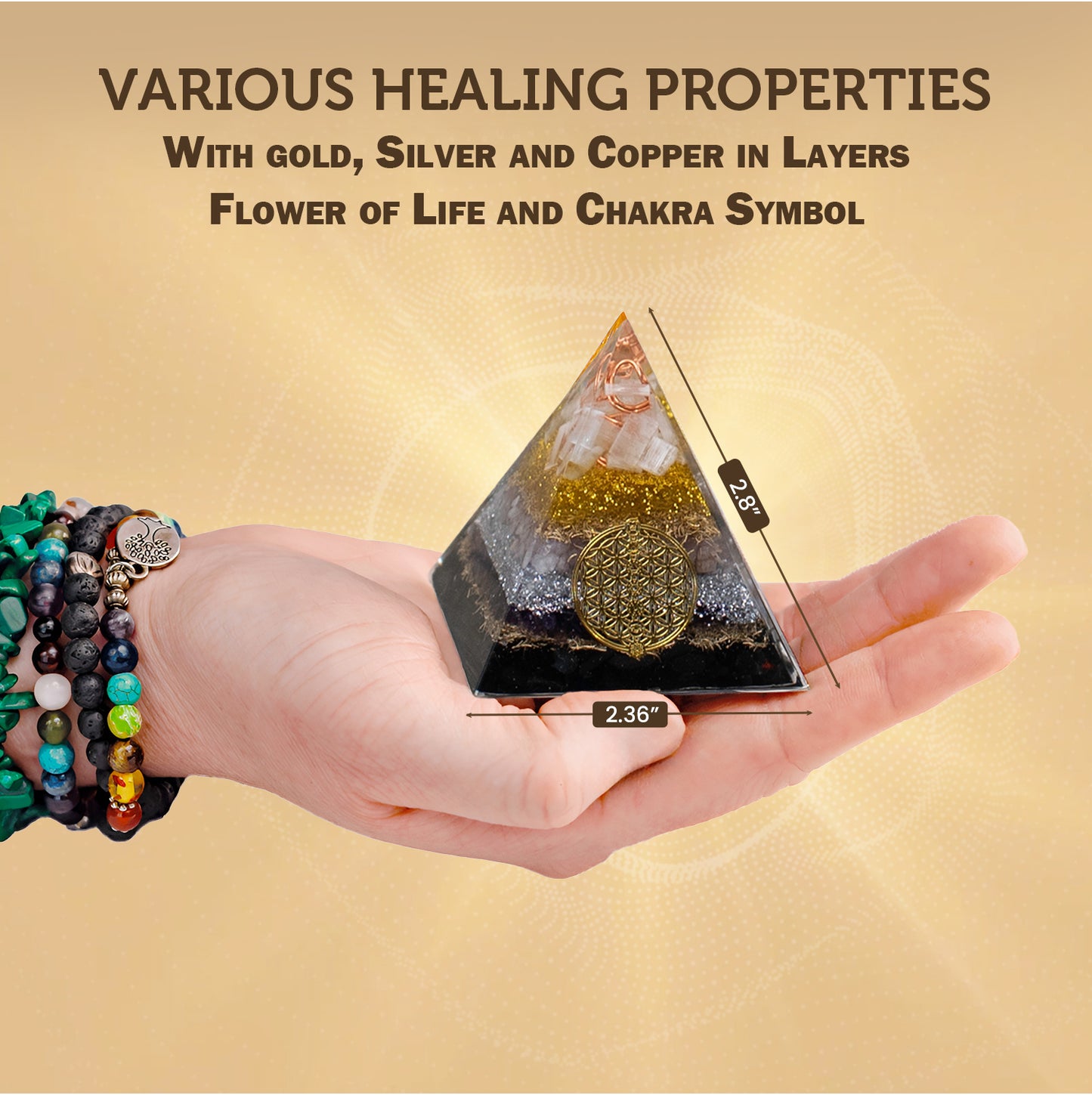 Citrine Orgone Pyramid, EMF Blocker for Healing, Meditation & Chakra Balancing with Rose Quartz, Amethyst, Shungite