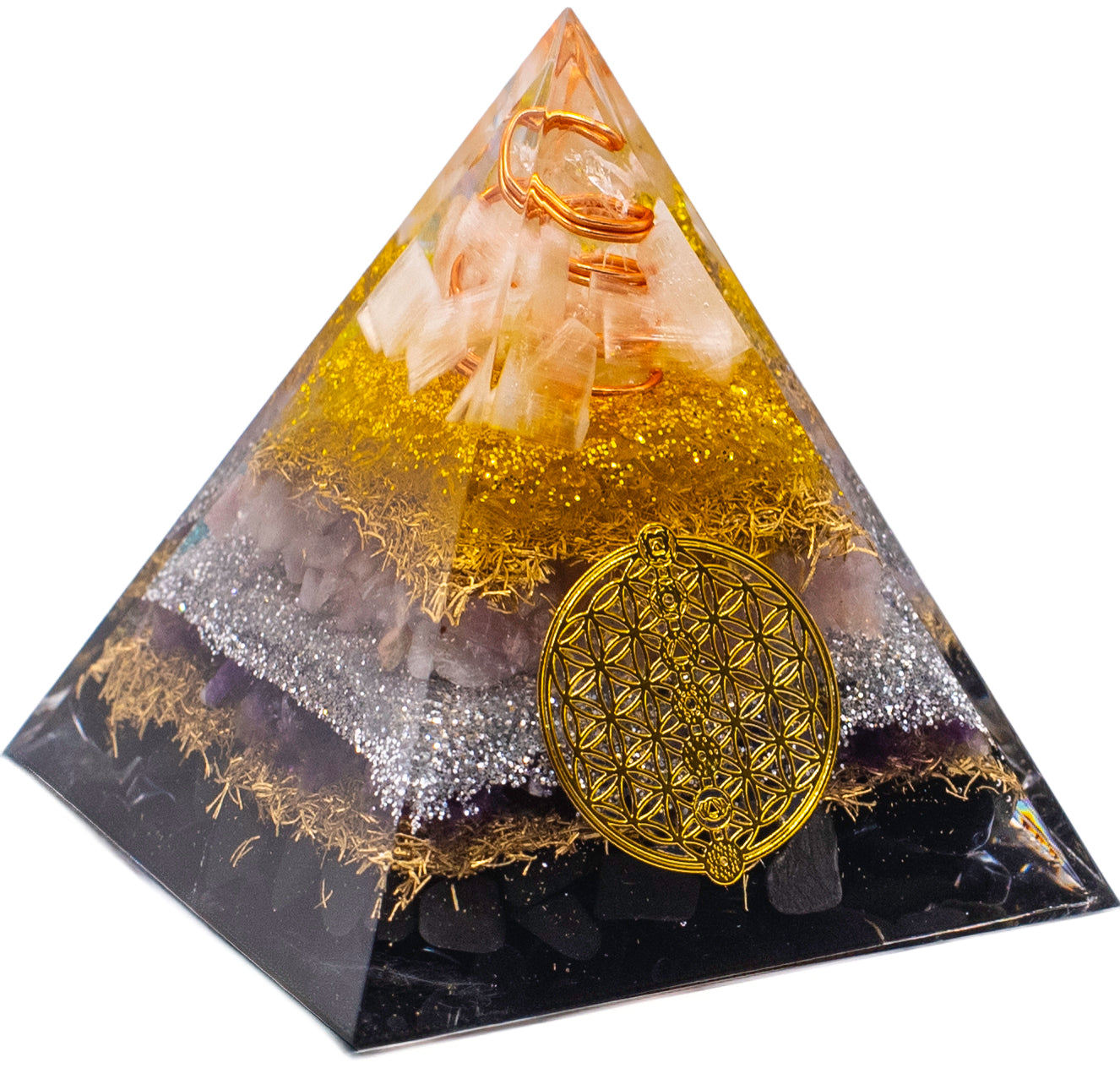 Citrine Orgone Pyramid, EMF Blocker for Healing, Meditation & Chakra Balancing with Rose Quartz, Amethyst, Shungite
