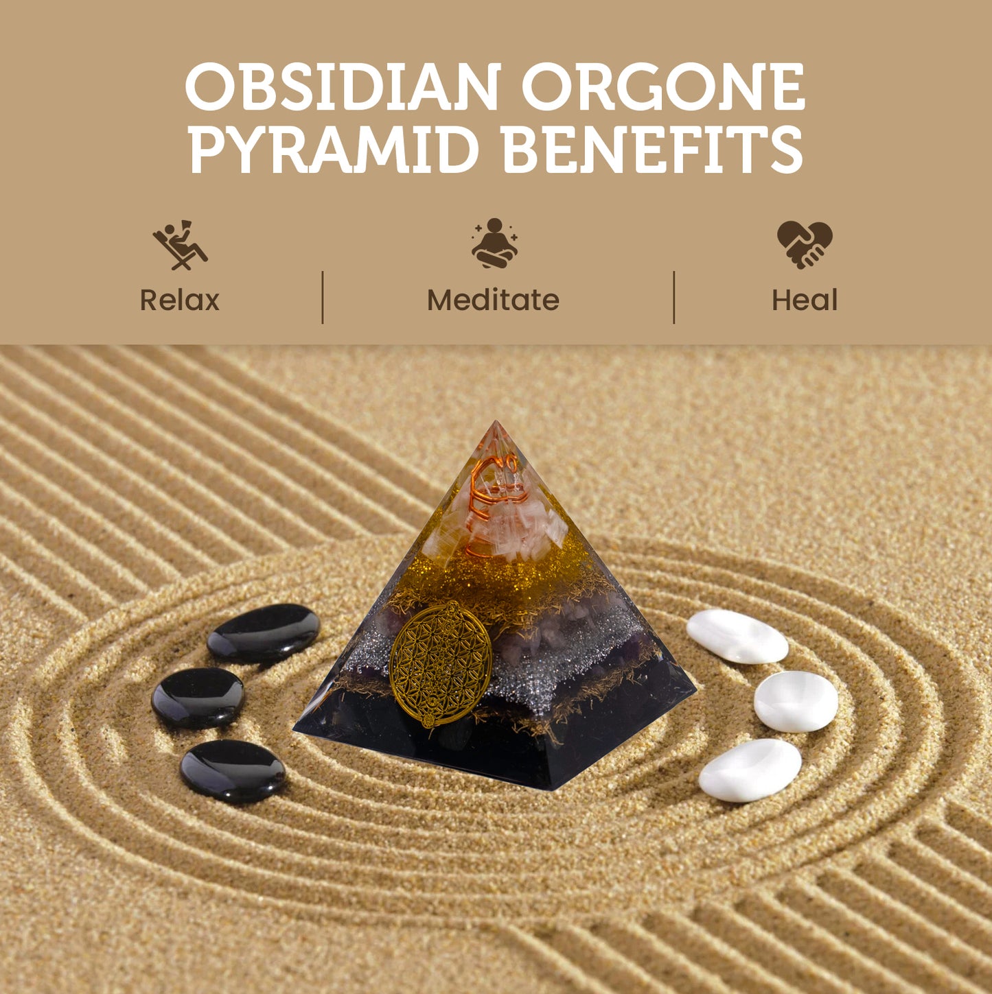 Citrine Orgone Pyramid, EMF Blocker for Healing, Meditation & Chakra Balancing with Rose Quartz, Amethyst, Shungite